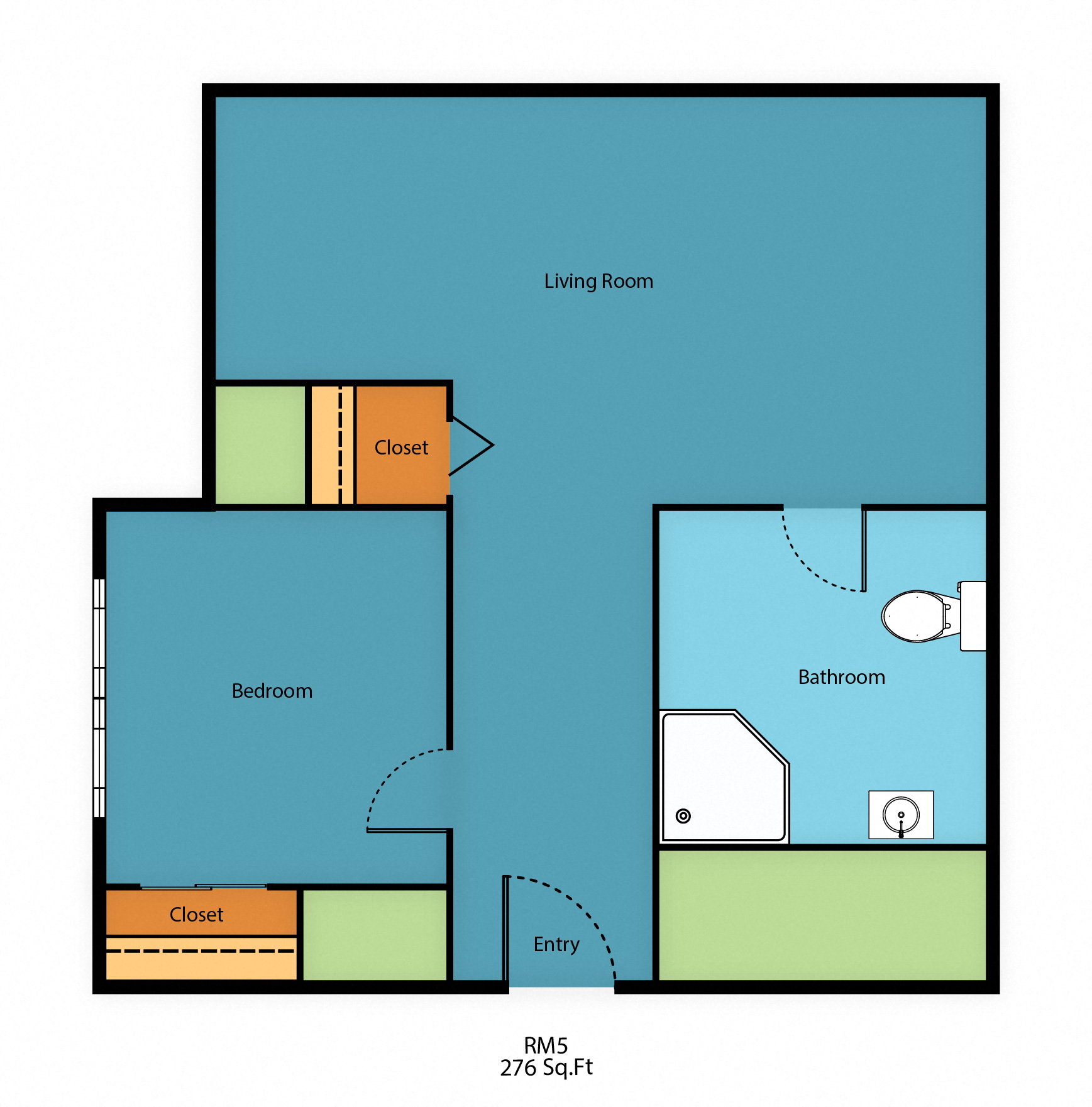 Floor plan for 1 bed, 1 bath, 276 sqft
